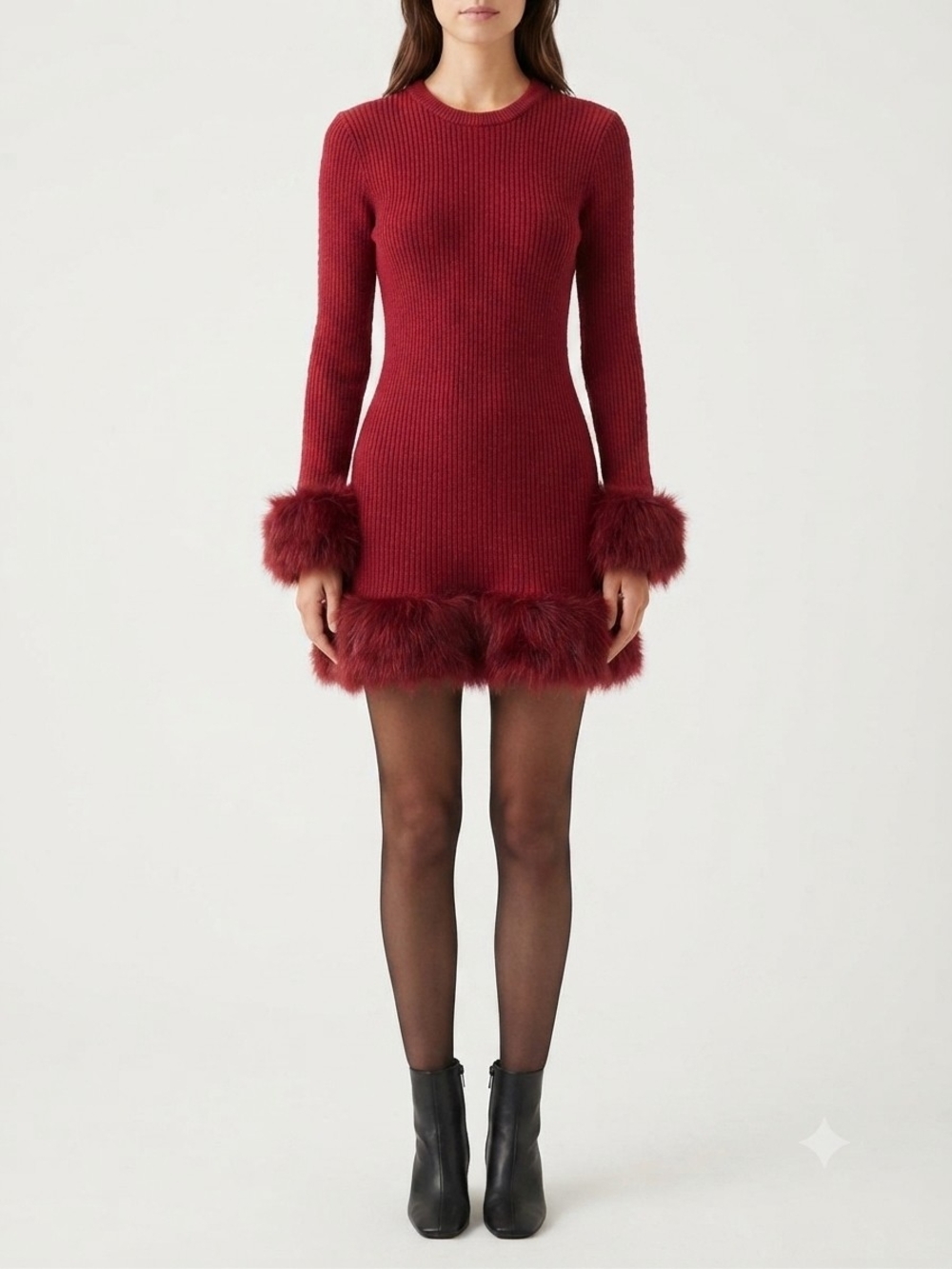 Show Me Your MuMu Ribbed Faux-Fur Trim Burgundy Mini Dress Size L